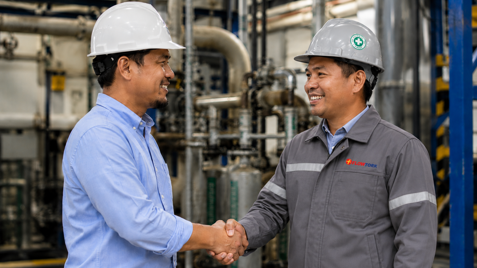 Flowtork technician shaking hands with an industrial client inside a plant